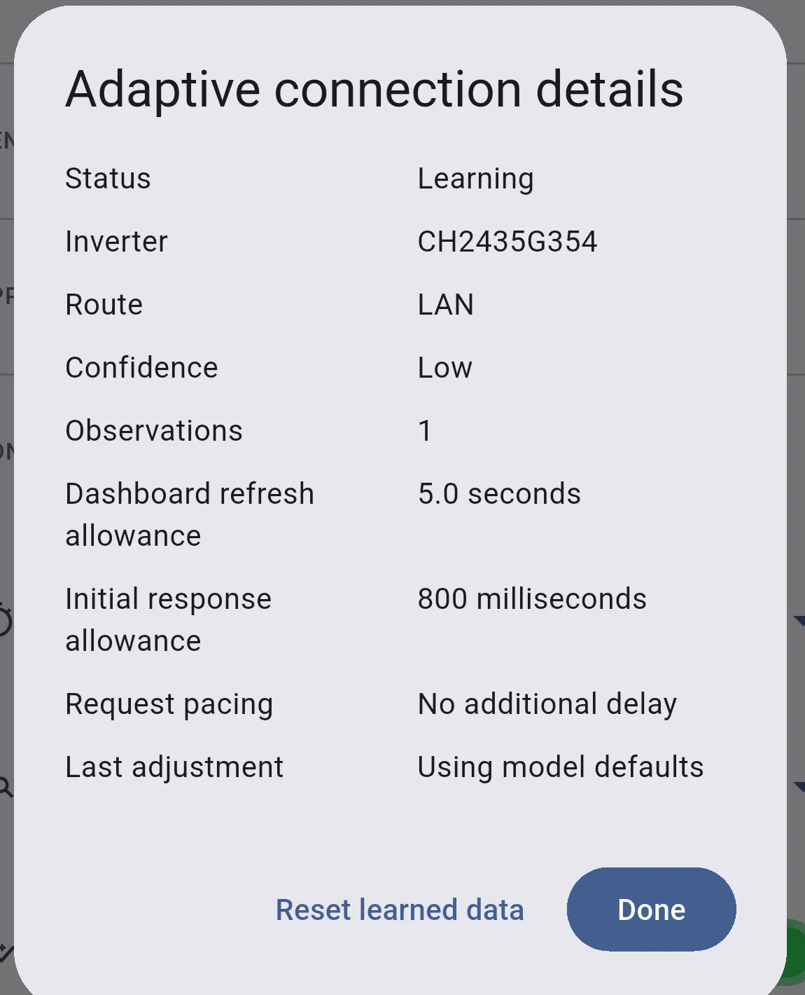 Adaptive connection details dialog showing Status, Inverter, Route, Confidence, Observations, and timing allowances