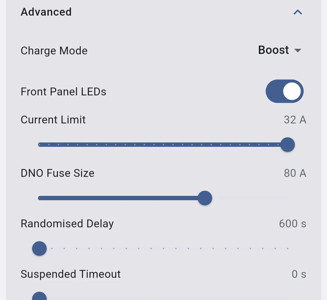 Advanced Controls section expanded showing Charge Mode, Front Panel LEDs, Current Limit, DNO Fuse Size, Randomised Delay, and Suspended Timeout