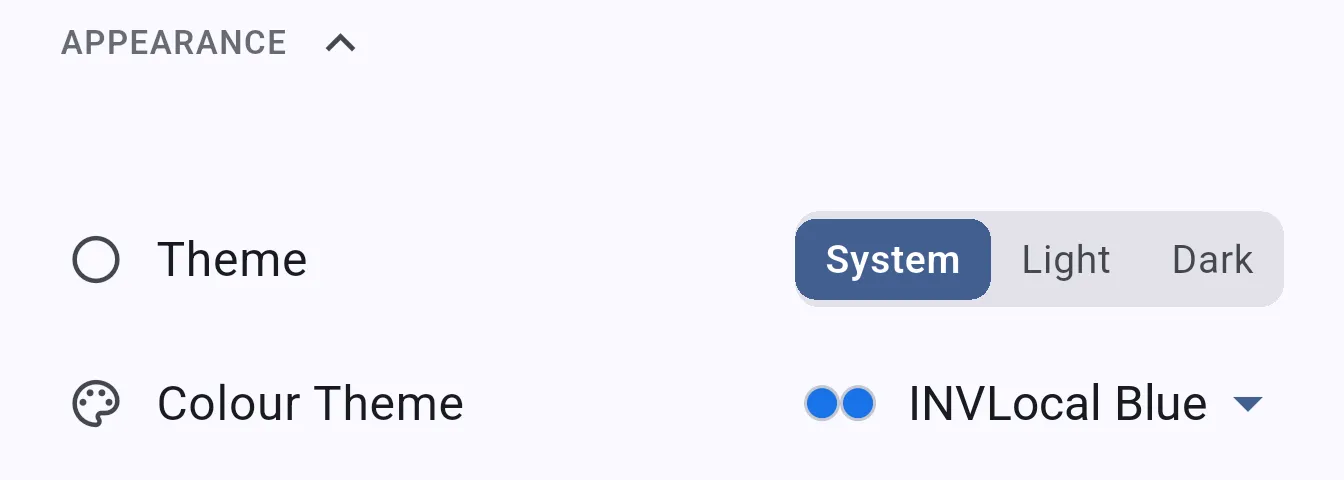 Settings Appearance section showing Theme and Colour Theme options