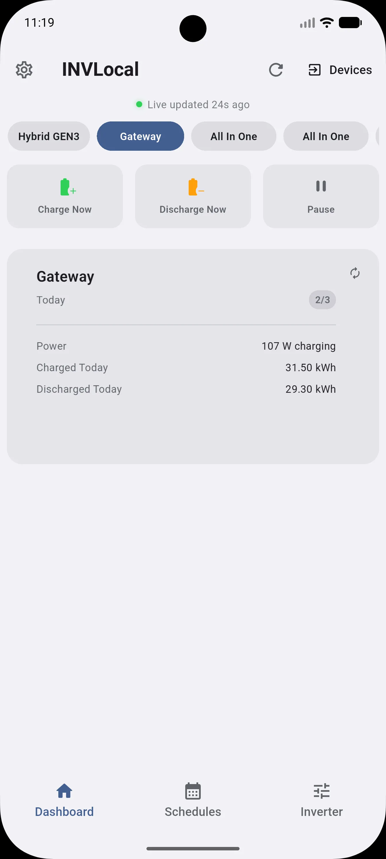 Battery card showing today's power, charged, and discharged totals