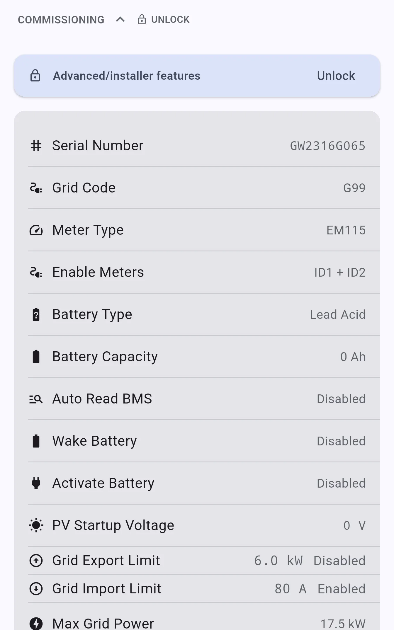 Commissioning section showing the locked Advanced/installer features banner and register settings list