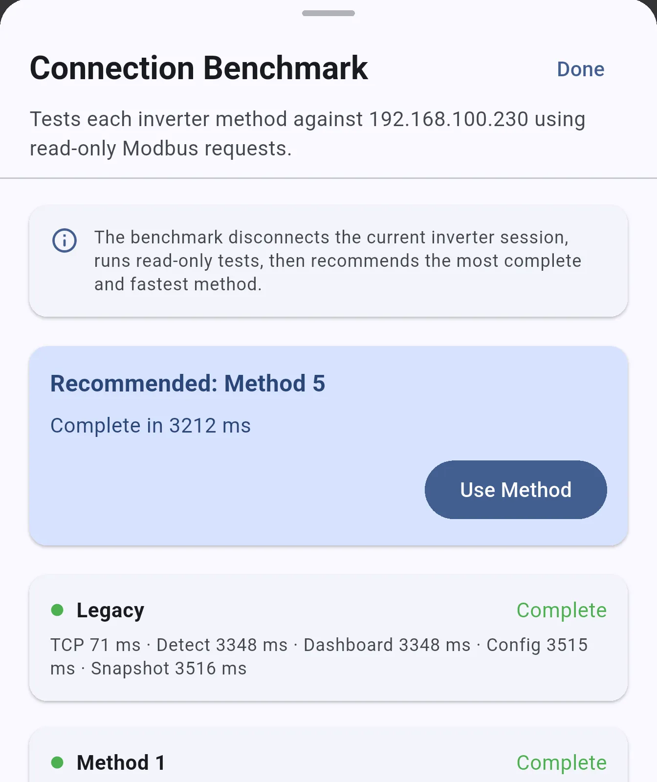 Connection Benchmark results showing per-method timings and a recommended method