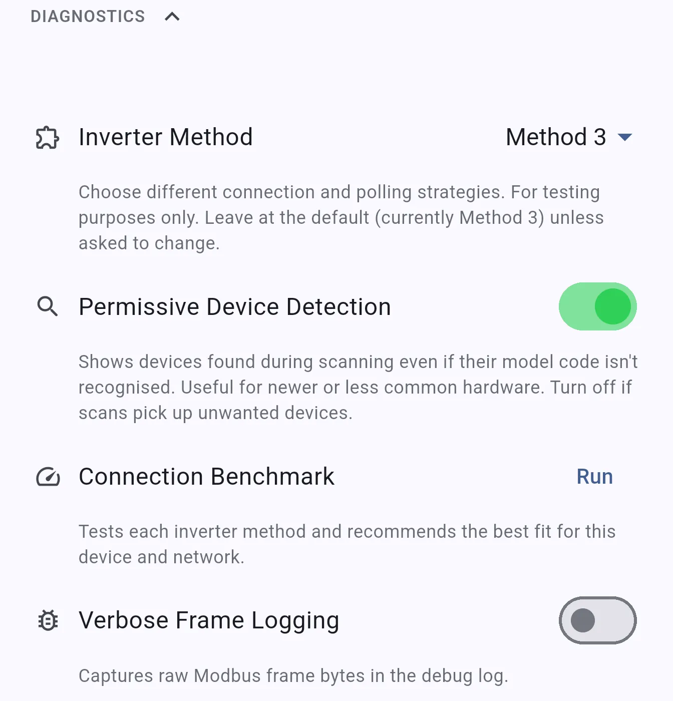 Settings Diagnostics section showing Inverter Method and Connection Benchmark