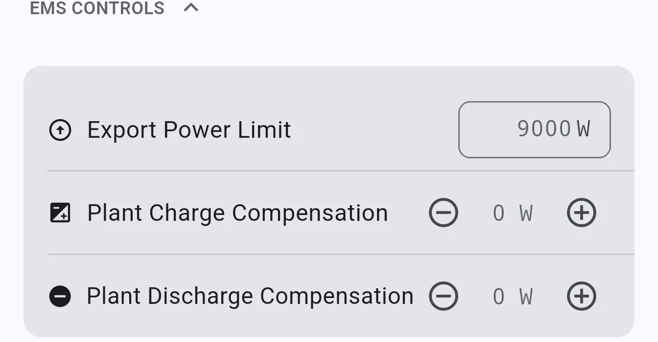 EMS Controls section showing Export Power Limit, Plant Charge Compensation, and Plant Discharge Compensation