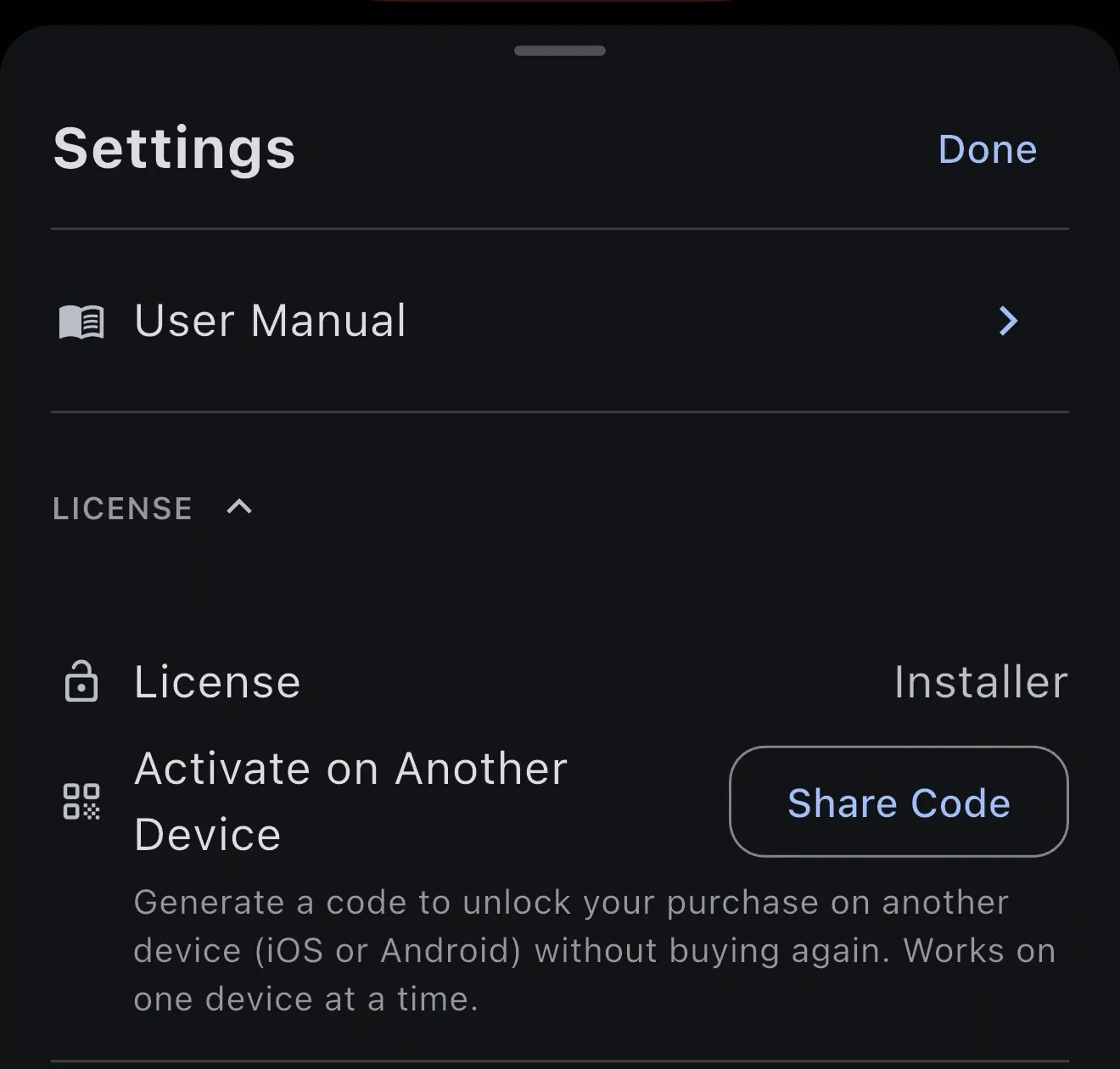 Settings License section showing an Installer tier with Activate on Another Device and a Share Code button
