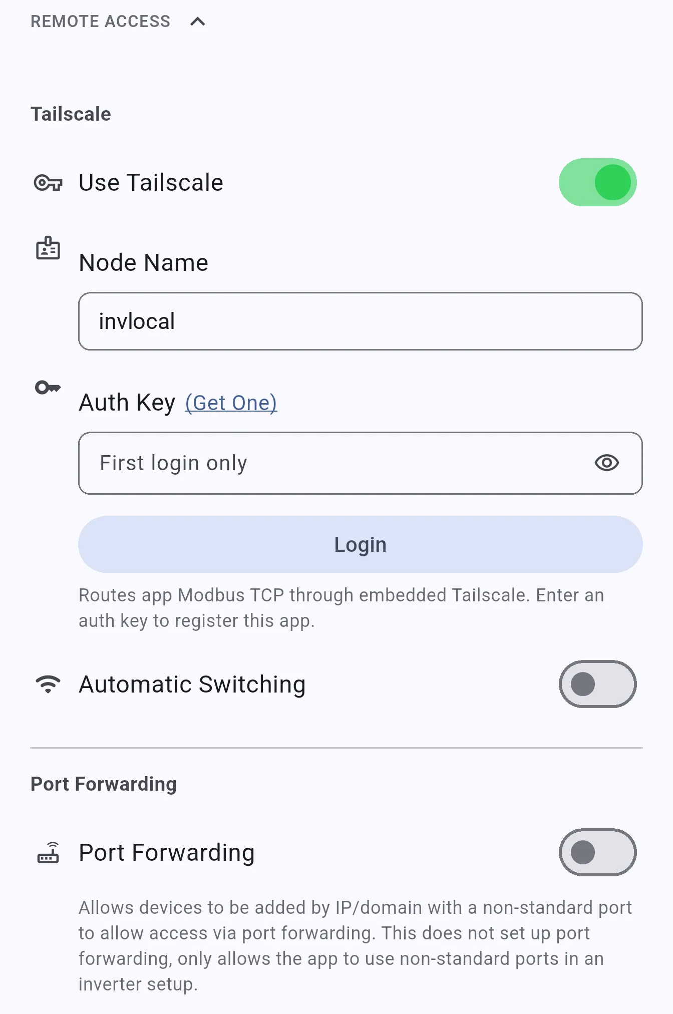Remote Access section showing Use Tailscale, Node Name, Auth Key, and Login